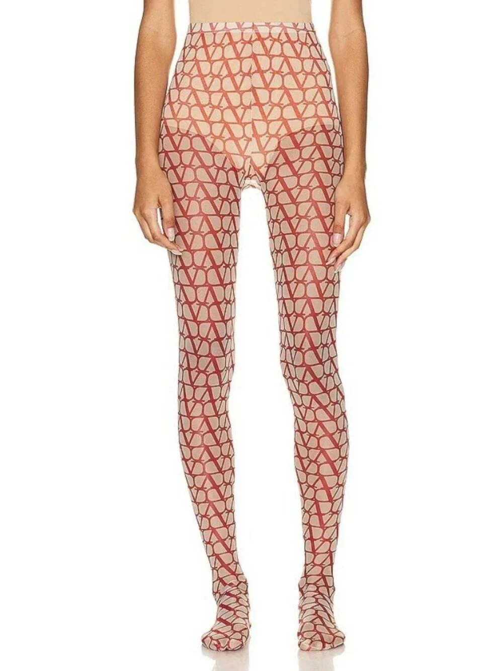 NEW Valentino Beige & Red Iconographe Tights Logo Sz S-M